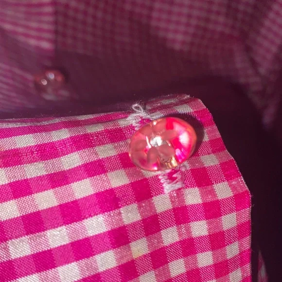 Pink Gingham Shirt 100% Silk with Jelly Bean Laser Etched Flower buttons - Picture 4 of 6